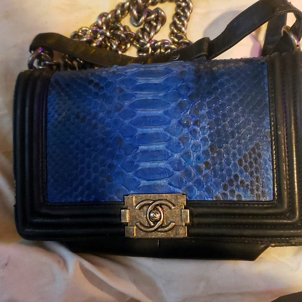 Chanel Medium Blue Black Trim Python Boy Bag